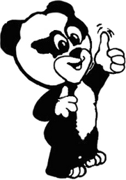 Logog-Baumann-Kurierdienst-Zeichentrick-Panda-schwarz-weiss-laechelt-und-zeigt-Daumen-hoch