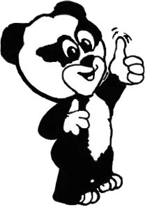 Logog-Baumann-Kurierdienst-Zeichentrick-Panda-schwarz-weiss-laechelt-und-zeigt-Daumen-hoch