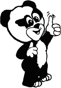 Logog-Baumann-Kurierdienst-Zeichentrick-Panda-schwarz-weiss-laechelt-und-zeigt-Daumen-hoch